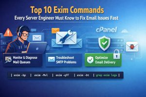 Visual guide of Exim mail server commands like exim -bp, exim -qff, and grep logs used by server engineers to fix email issues and manage mail queues efficiently