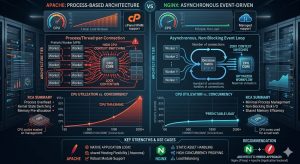 A detailed technical infographic comparing Apache and Nginx architectures. The left side (Apache) illustrates a 'Process-Heavy Model' with high context switching. The right side (Nginx) shows an 'Event-Driven Model' illustrating efficiency under high concurrency. Both sides feature CPU usage graphs and root cause analysis summaries.