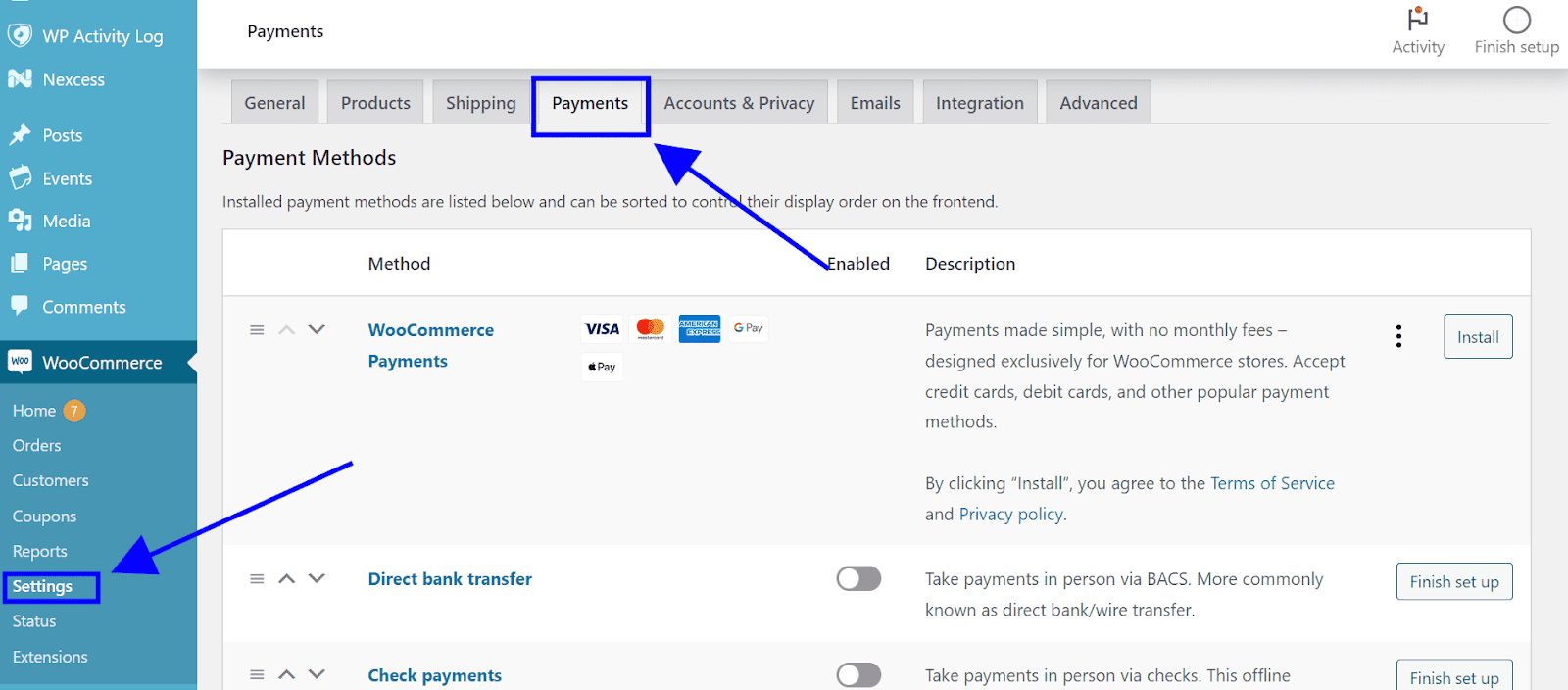 WooCommerce payment methods. 