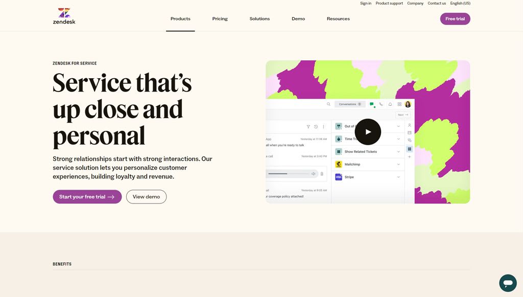 Screenshot of customer service automation tool Zendesk's landing page.