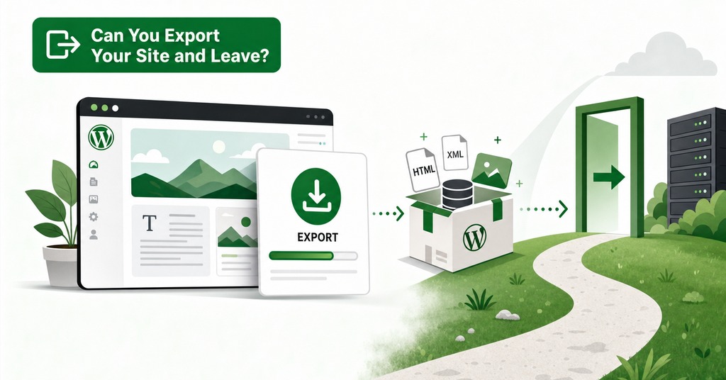 GreenGeeks illustration of can you export your site and leave? for ai website builder vs hand coding