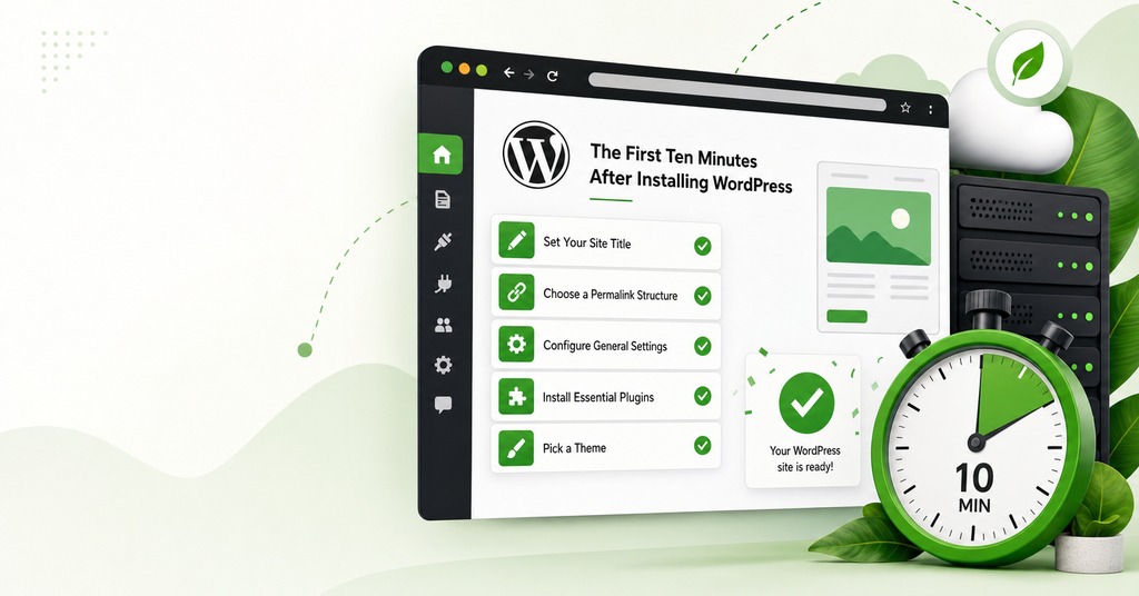 GreenGeeks illustration of the first ten minutes after installing wordpress for how to install wordpress for the first time without stress