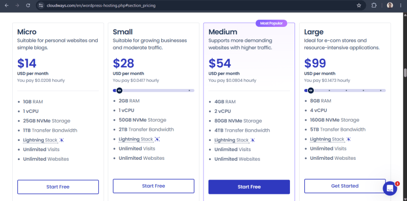 cloudways wordpress plans
