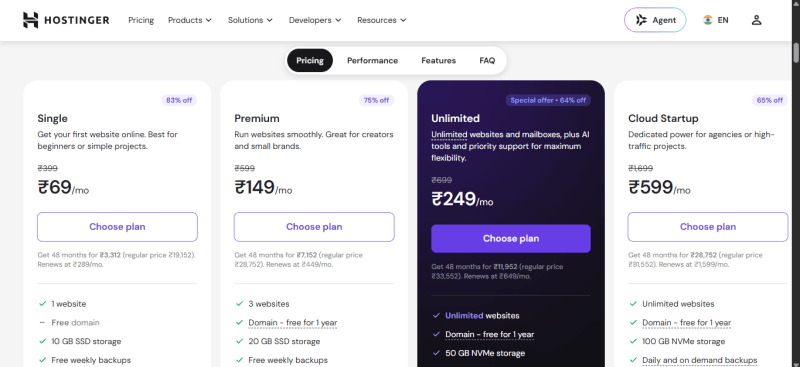 Hostinger wordpress hosting plans