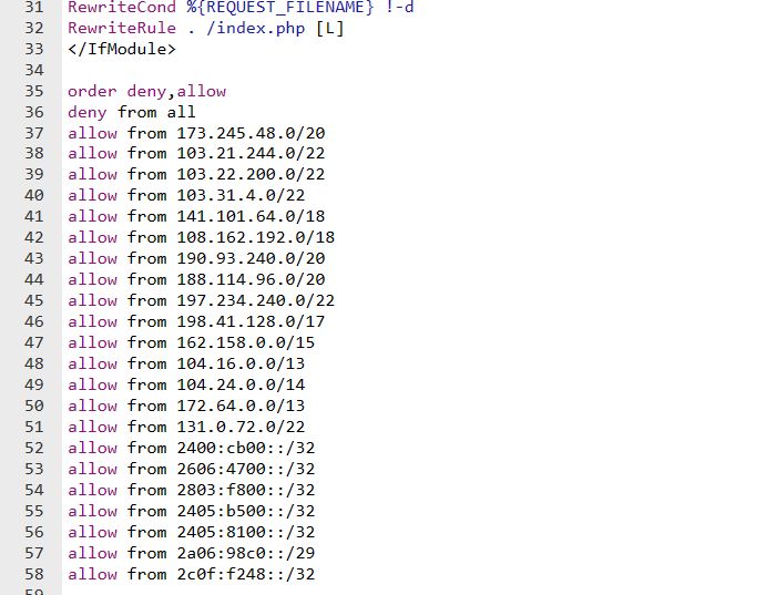 Adding Cloudflare IP addresses in .htaccess.