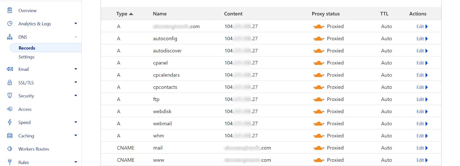 DNS settings in Cloudflare.